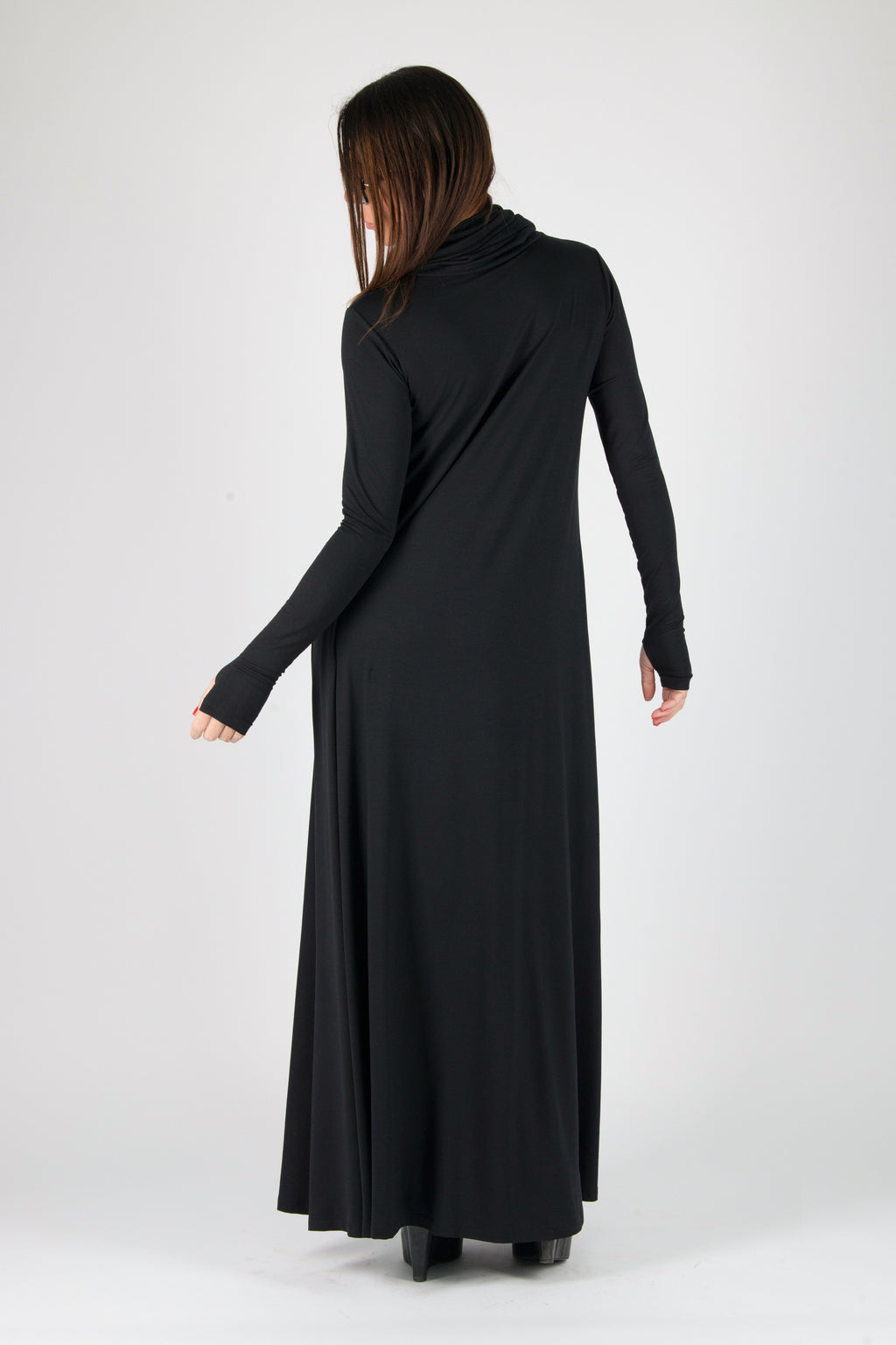 Black punto milano turtleneck maxi dress Vivian with thumb holes and pockets - EUG Fashion #black
