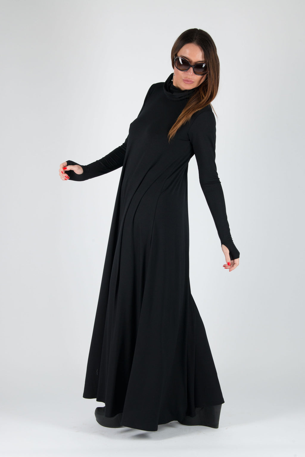 Black punto milano turtleneck maxi dress Vivian with thumb holes and pockets - EUG Fashion #black
