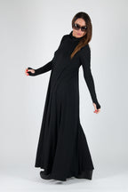 Black punto milano turtleneck maxi dress Vivian with thumb holes and pockets - EUG Fashion #black
