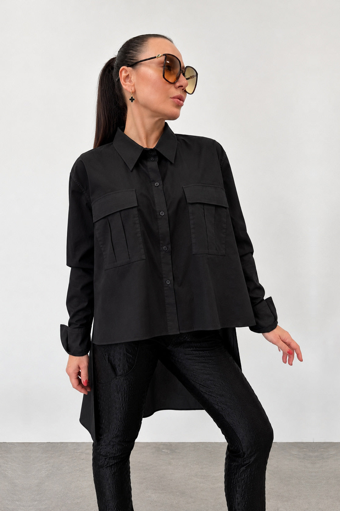 Black asymmetric cotton shirt - large front pockets, high-low hem, long sleeves with buttoned cuffs, Anel | EUG Fashion #black
