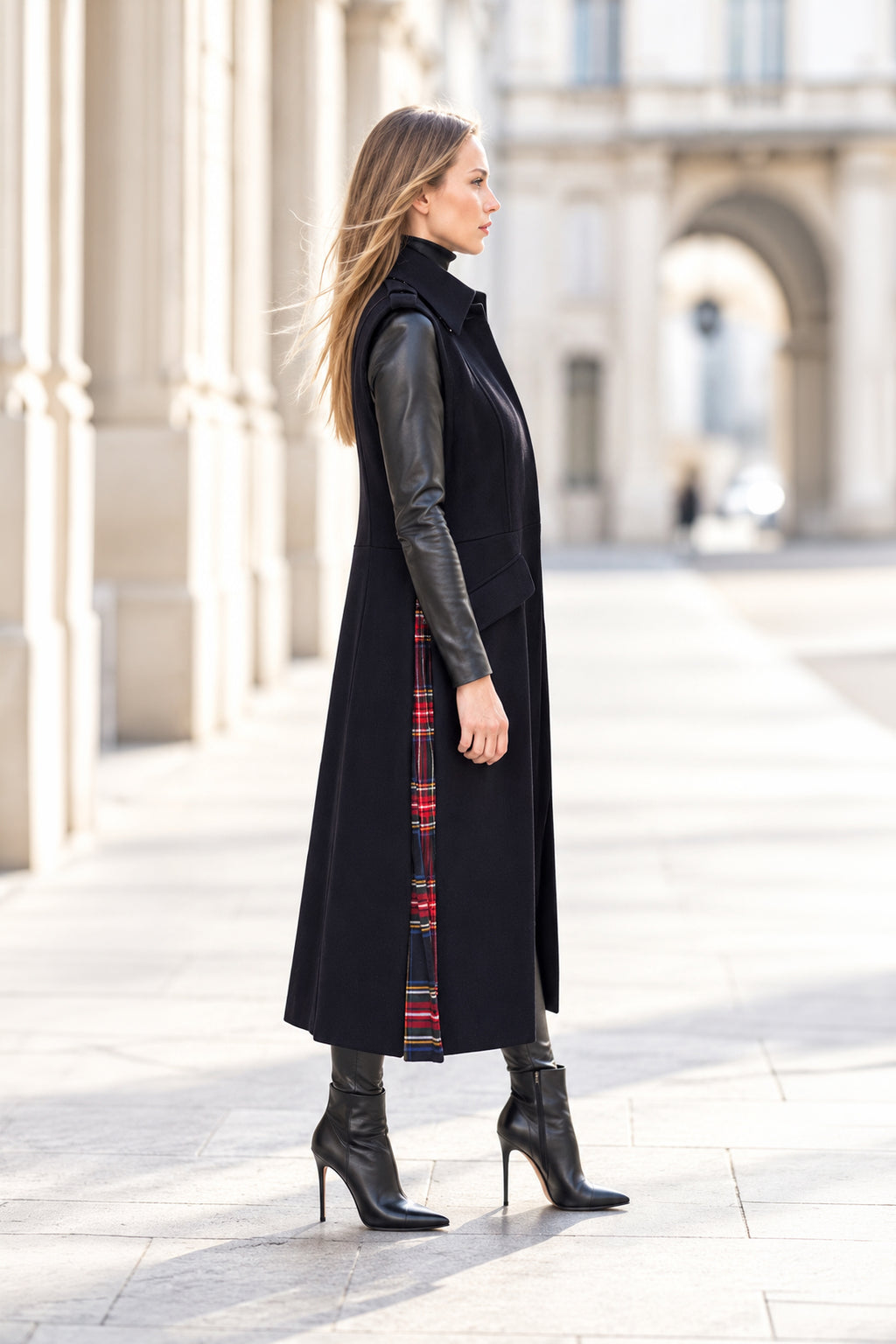 Dark Blue sleeveless wool coat - flared silhouette, red tartan side pleats and angled pocket flaps, Evelin | EUG Fashion #dark-blue⠋