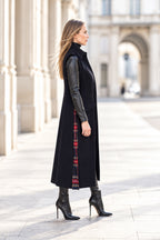 Dark Blue sleeveless wool coat - flared silhouette, red tartan side pleats and angled pocket flaps, Evelin | EUG Fashion #dark-blue⠋