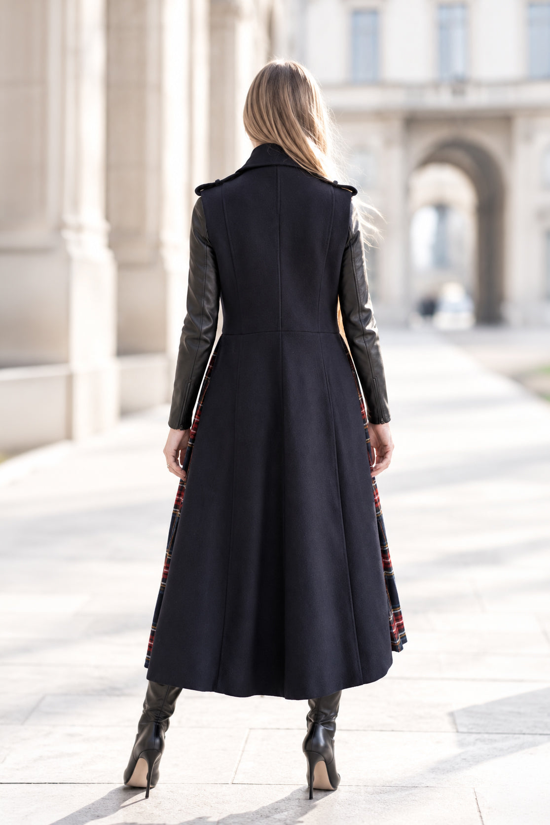 Dark Blue sleeveless wool coat - flared silhouette, red tartan side pleats and angled pocket flaps, Evelin | EUG Fashion #dark-blue⠋