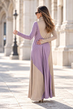 Light Beige and Light Purple A-line dress - two-tone geometric pattern, turtleneck and thumb-hole sleeves, Vivian | EUG Fashion #light-beige
