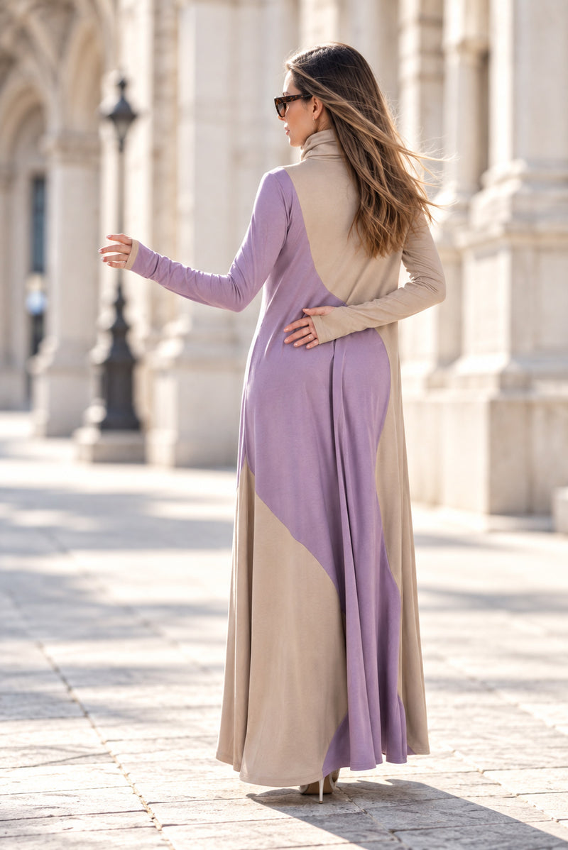 Light Beige and Light Purple A-line dress - two-tone geometric pattern, turtleneck and thumb-hole sleeves, Vivian | EUG Fashion #light-beige