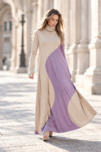 Light Beige and Light Purple A-line dress - two-tone geometric pattern, turtleneck and thumb-hole sleeves, Vivian | EUG Fashion #light-beige