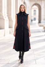 Dark Blue sleeveless wool coat - flared silhouette, red tartan side pleats and angled pocket flaps, Evelin | EUG Fashion #dark-blue⠋