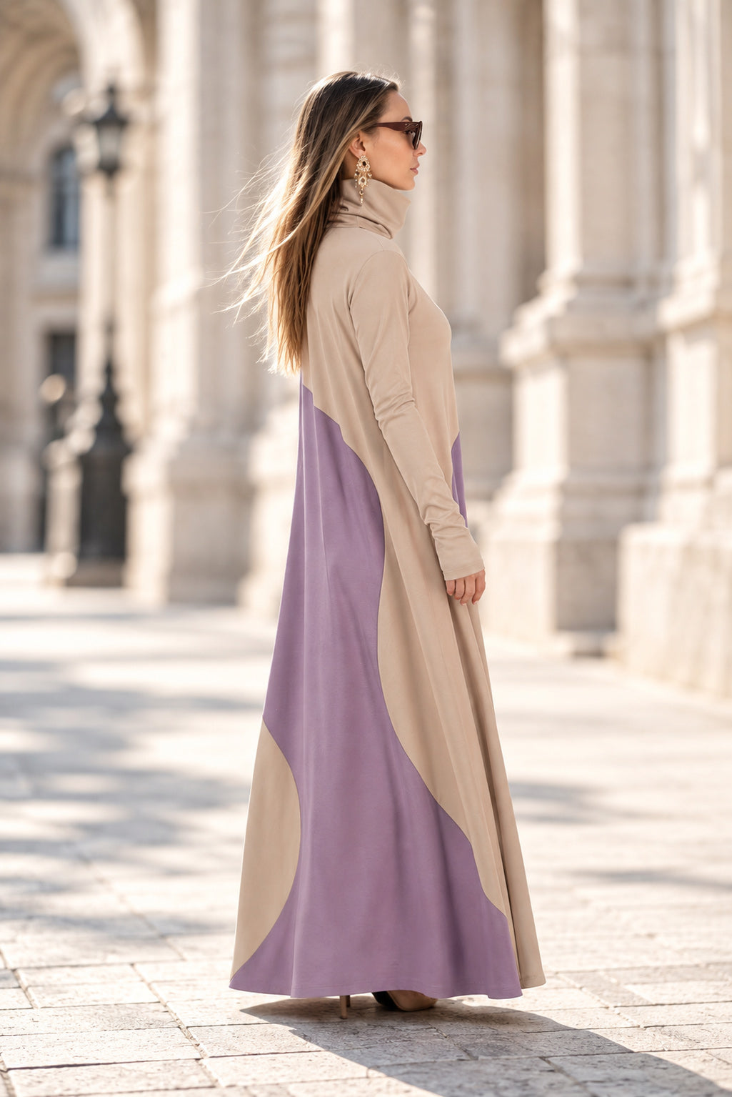 Light Beige and Light Purple A-line dress - two-tone geometric pattern, turtleneck and thumb-hole sleeves, Vivian | EUG Fashion #light-beige