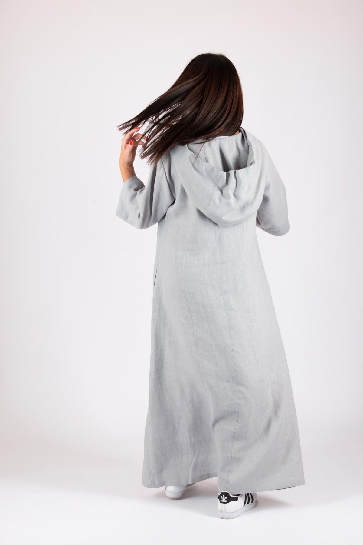 linen hooded grey dress
