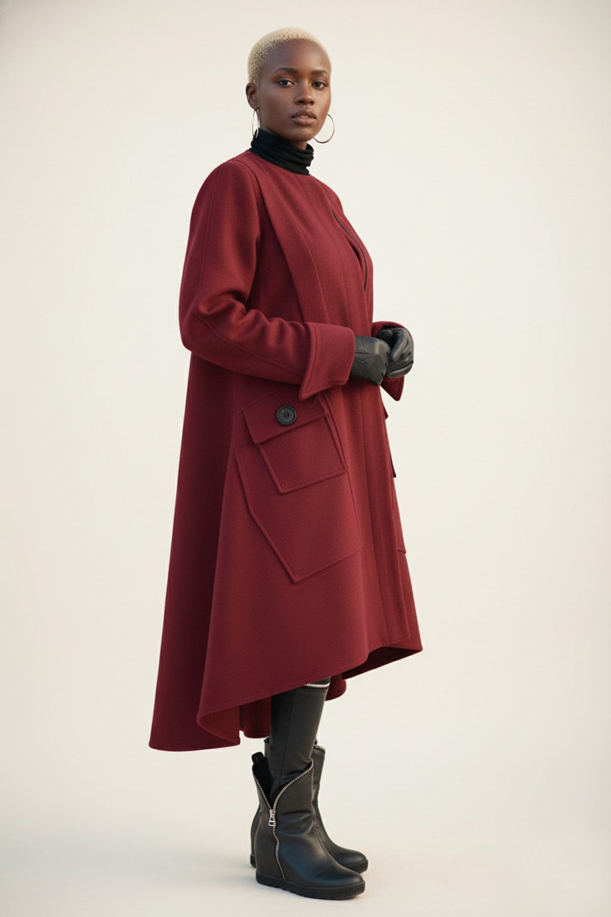 Dark red asymmetric A-line coat Valery with hidden zip and button pockets - EUG Fashion #dark-red
