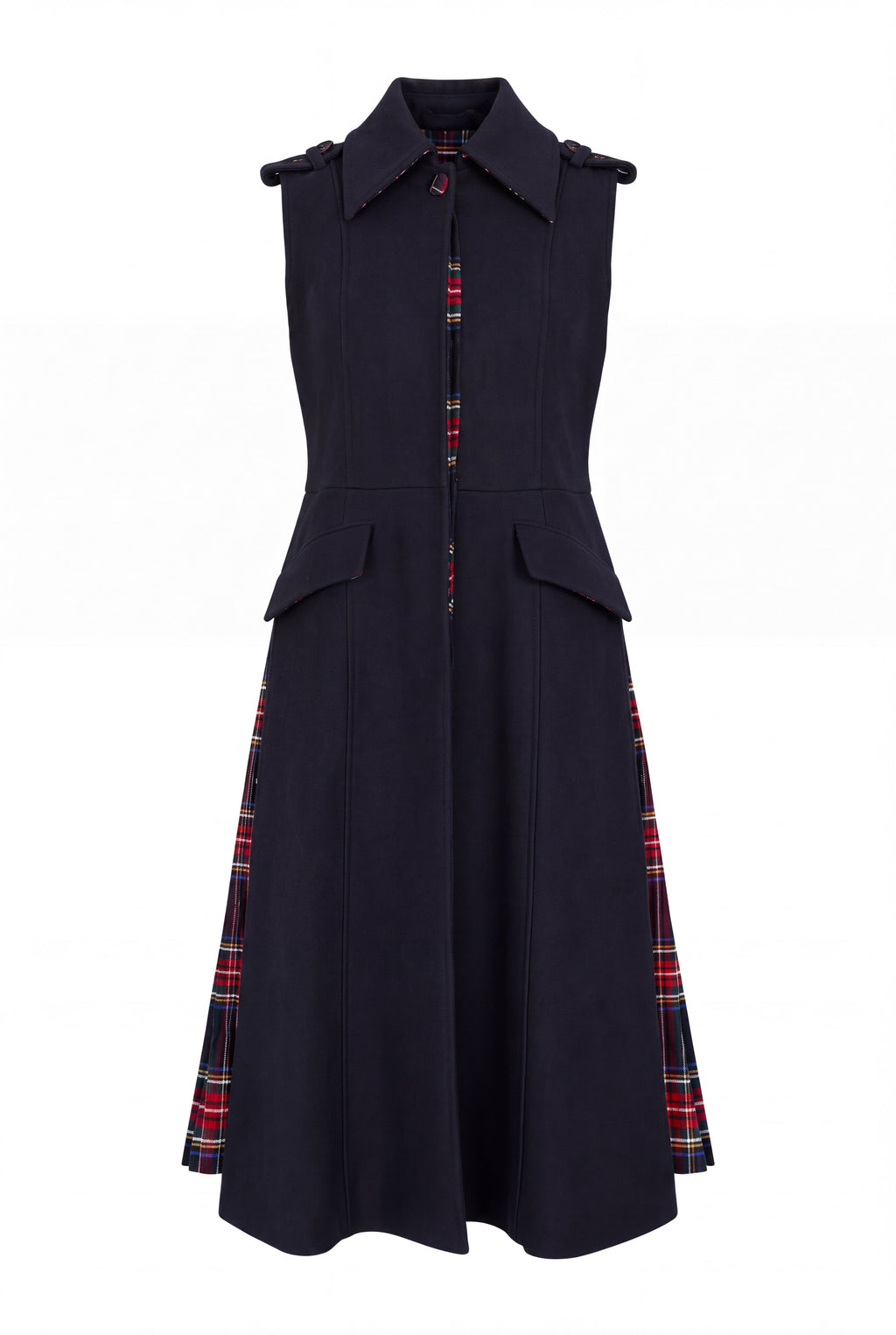 Dark Blue sleeveless wool coat - flared silhouette, red tartan side pleats and angled pocket flaps, Evelin | EUG Fashion #dark-blue⠋