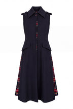 Dark Blue sleeveless wool coat - flared silhouette, red tartan side pleats and angled pocket flaps, Evelin | EUG Fashion #dark-blue⠋