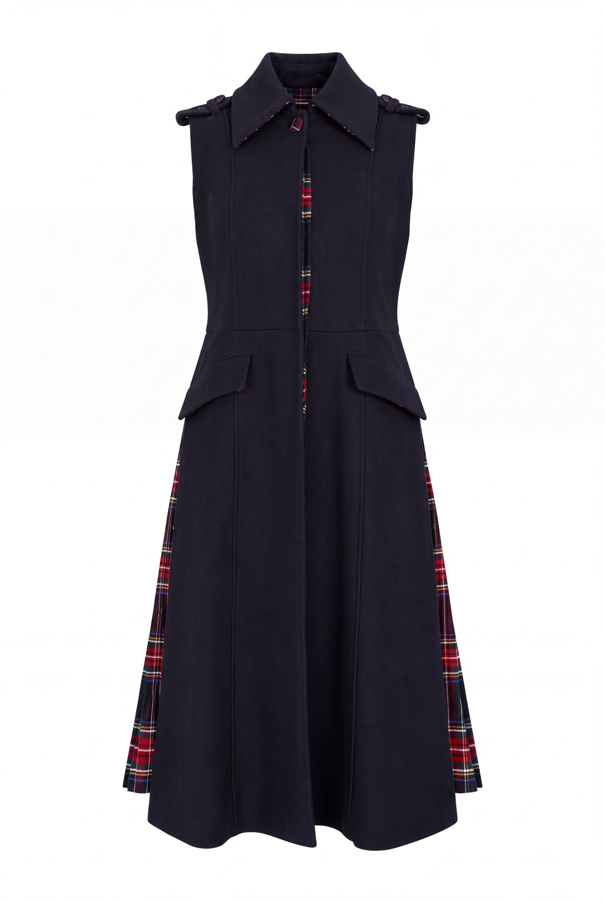 Dark Blue sleeveless wool coat - flared silhouette, red tartan side pleats and angled pocket flaps, Evelin | EUG Fashion #dark-blue⠋