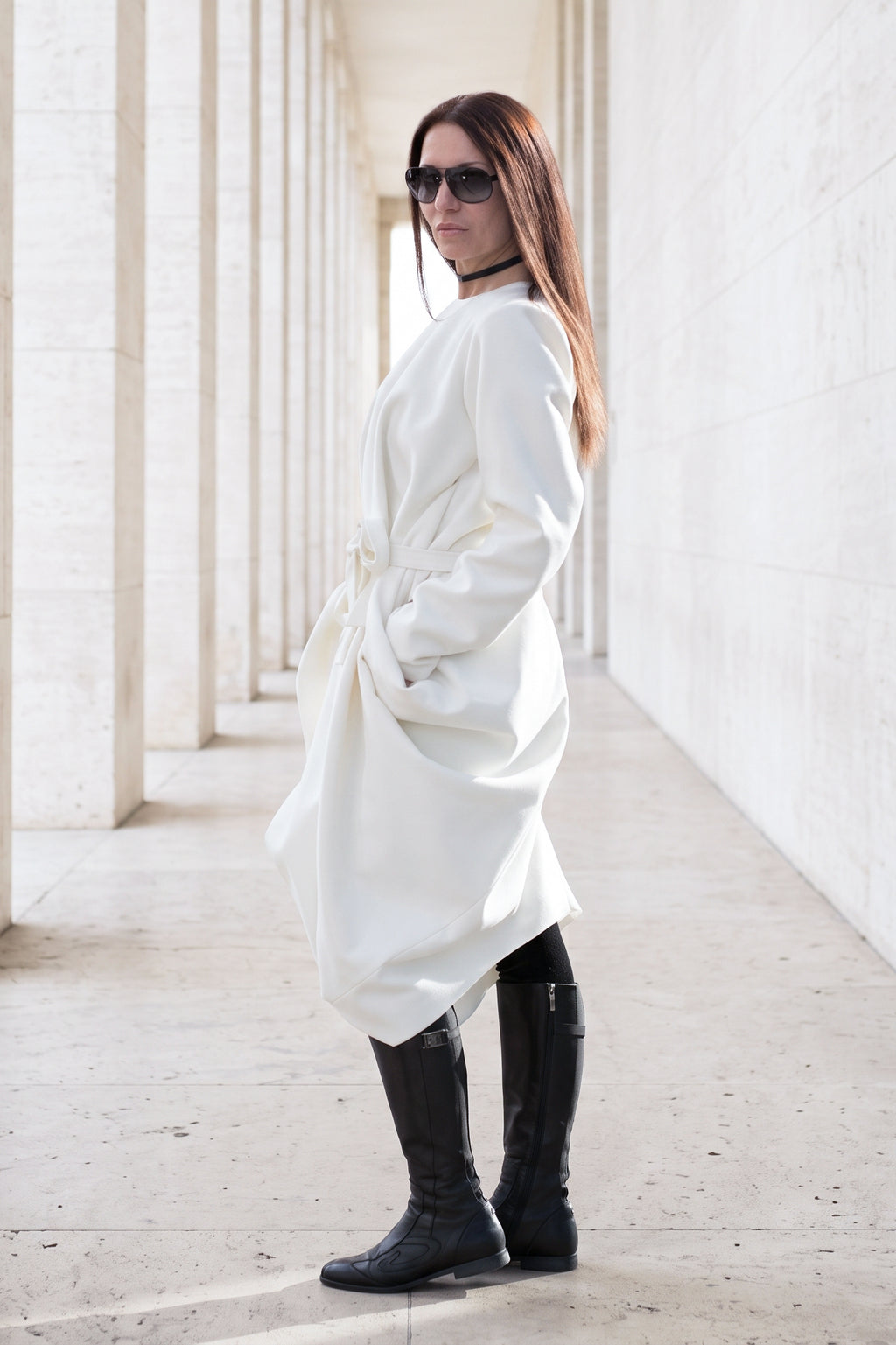 Off white asymmetric poncho dress Holly with belt and back zip - EUG Fashion #off-white
