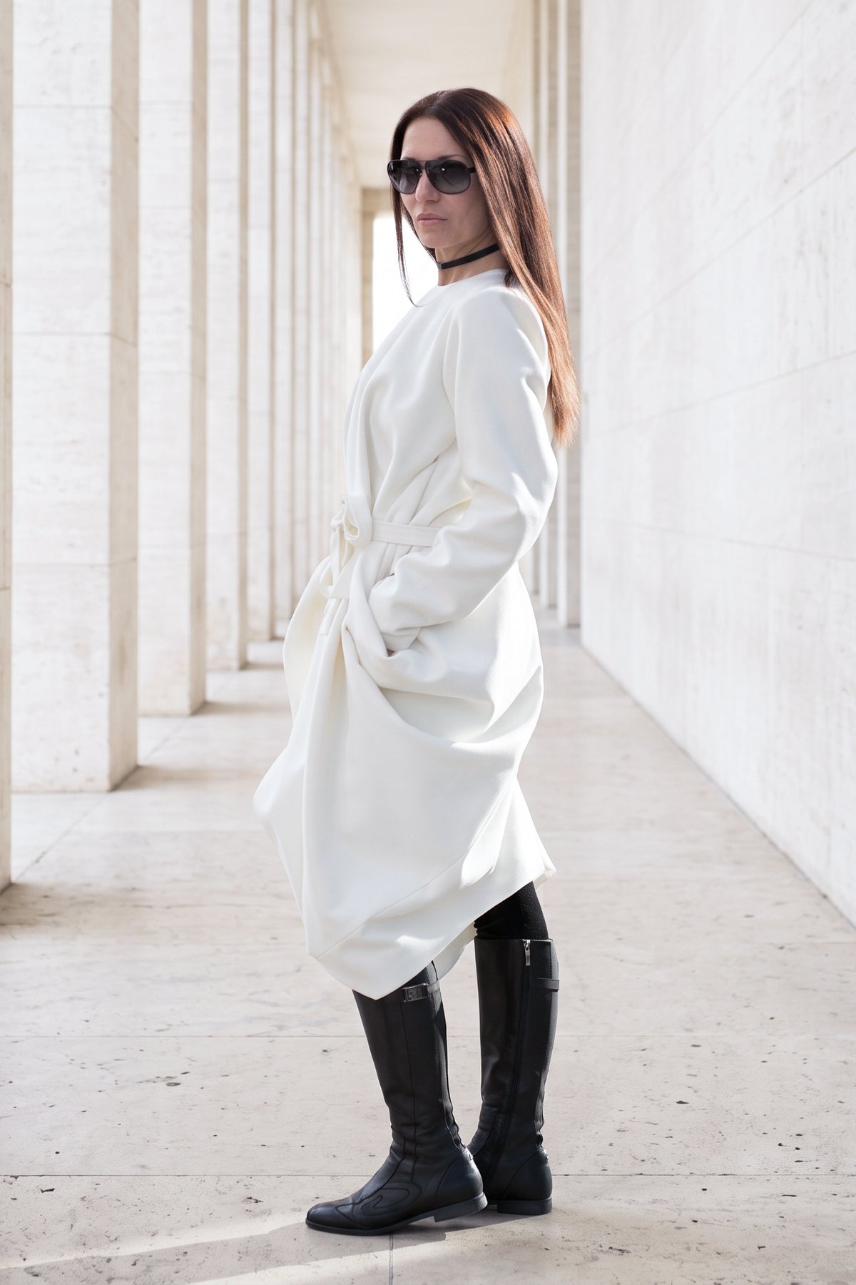 Off white asymmetric poncho dress Holly with belt and back zip - EUG Fashion #off-white
