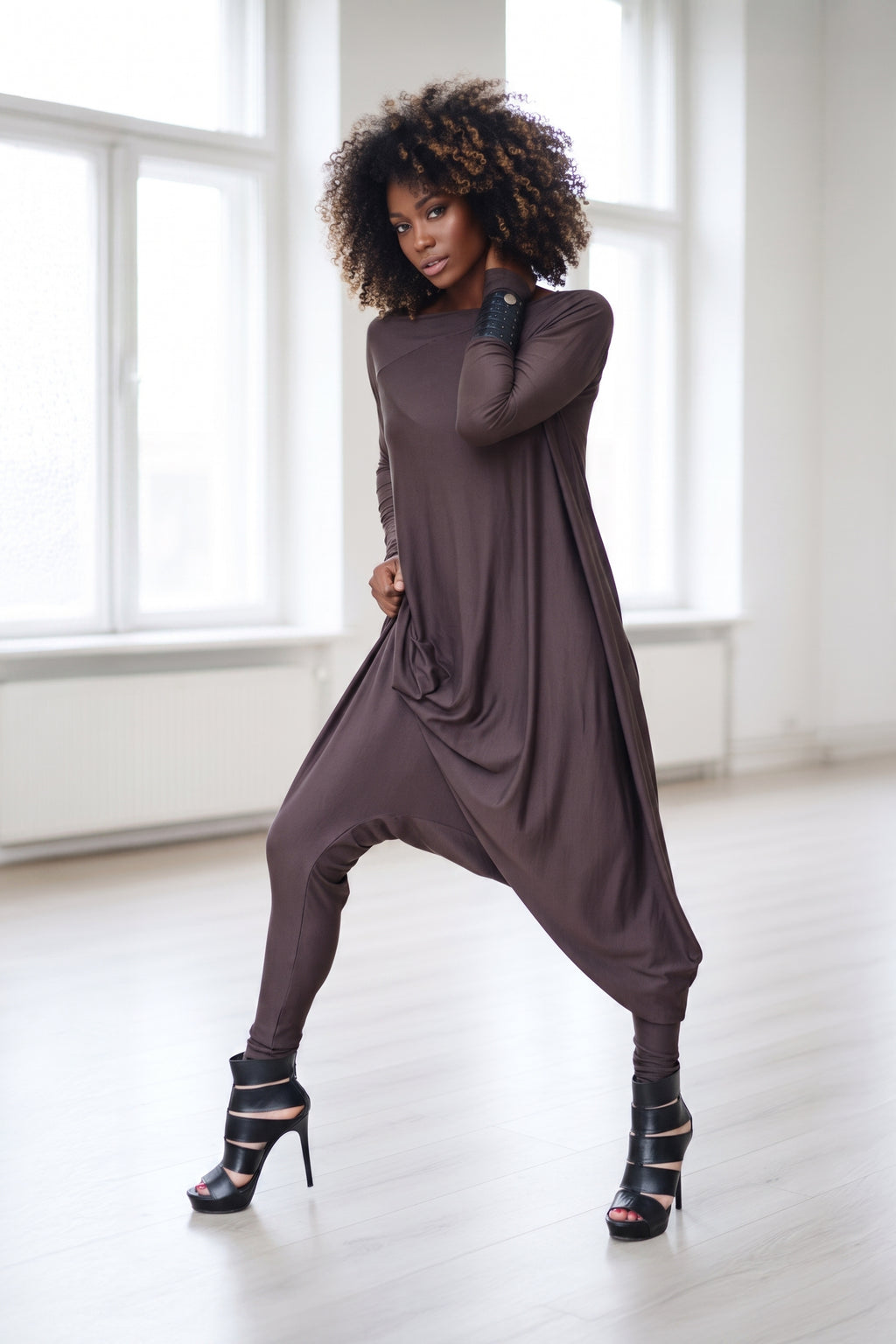 harem jersey jumpsuit #dark-brown
