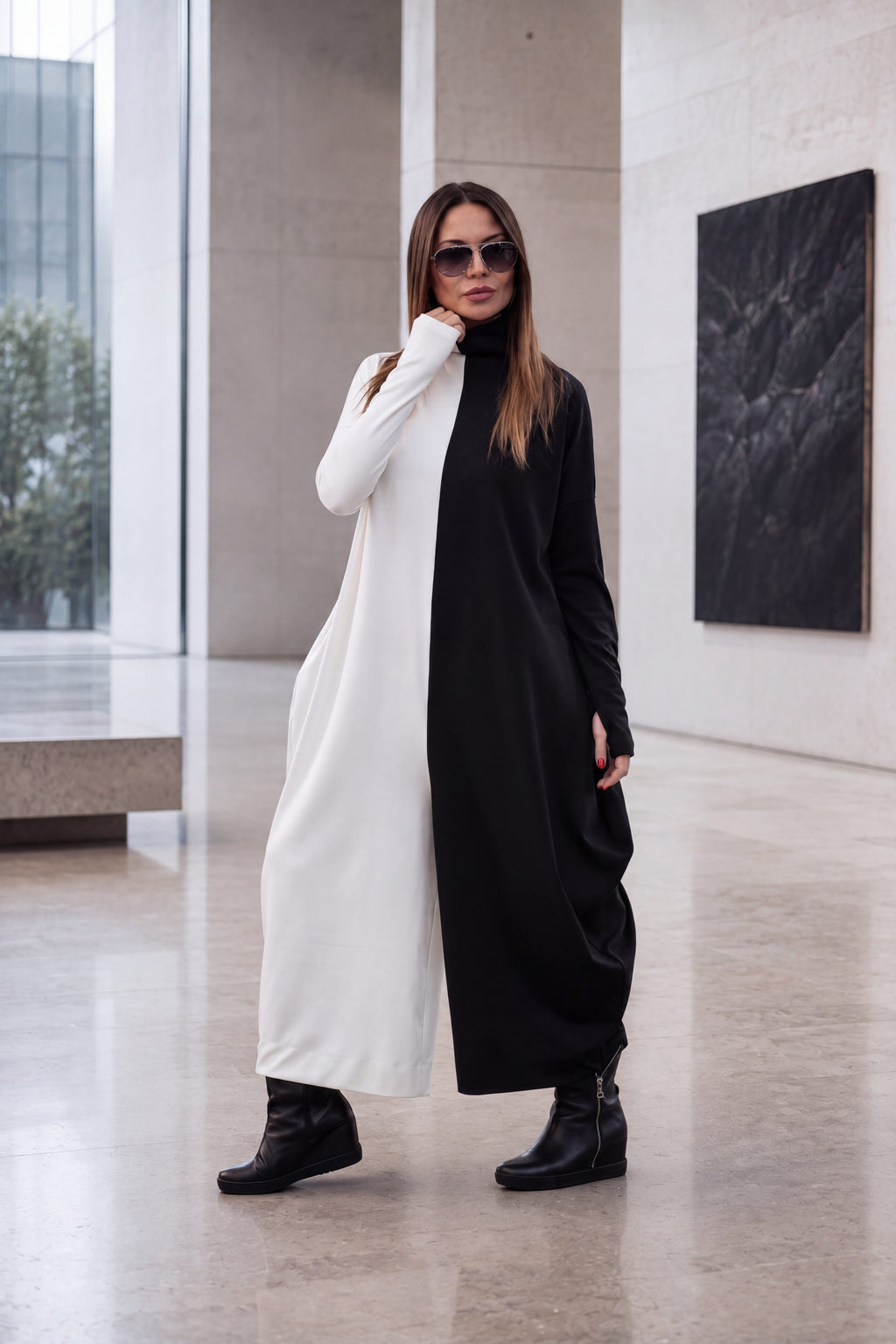 Black and white wide cotton winter jumpsuit - EUG fashion #black-white