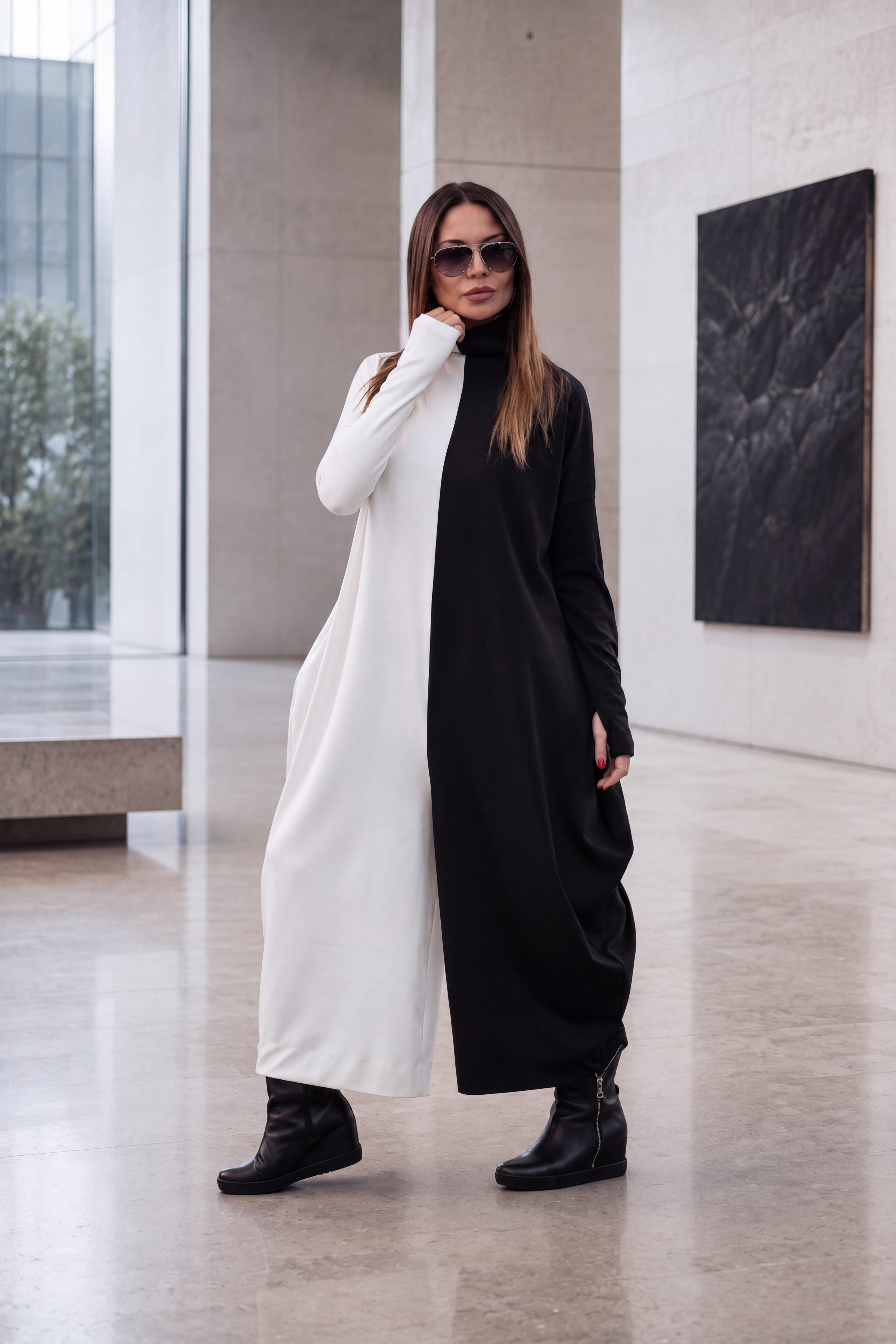 Black and white wide cotton winter jumpsuit - EUG fashion #black-white