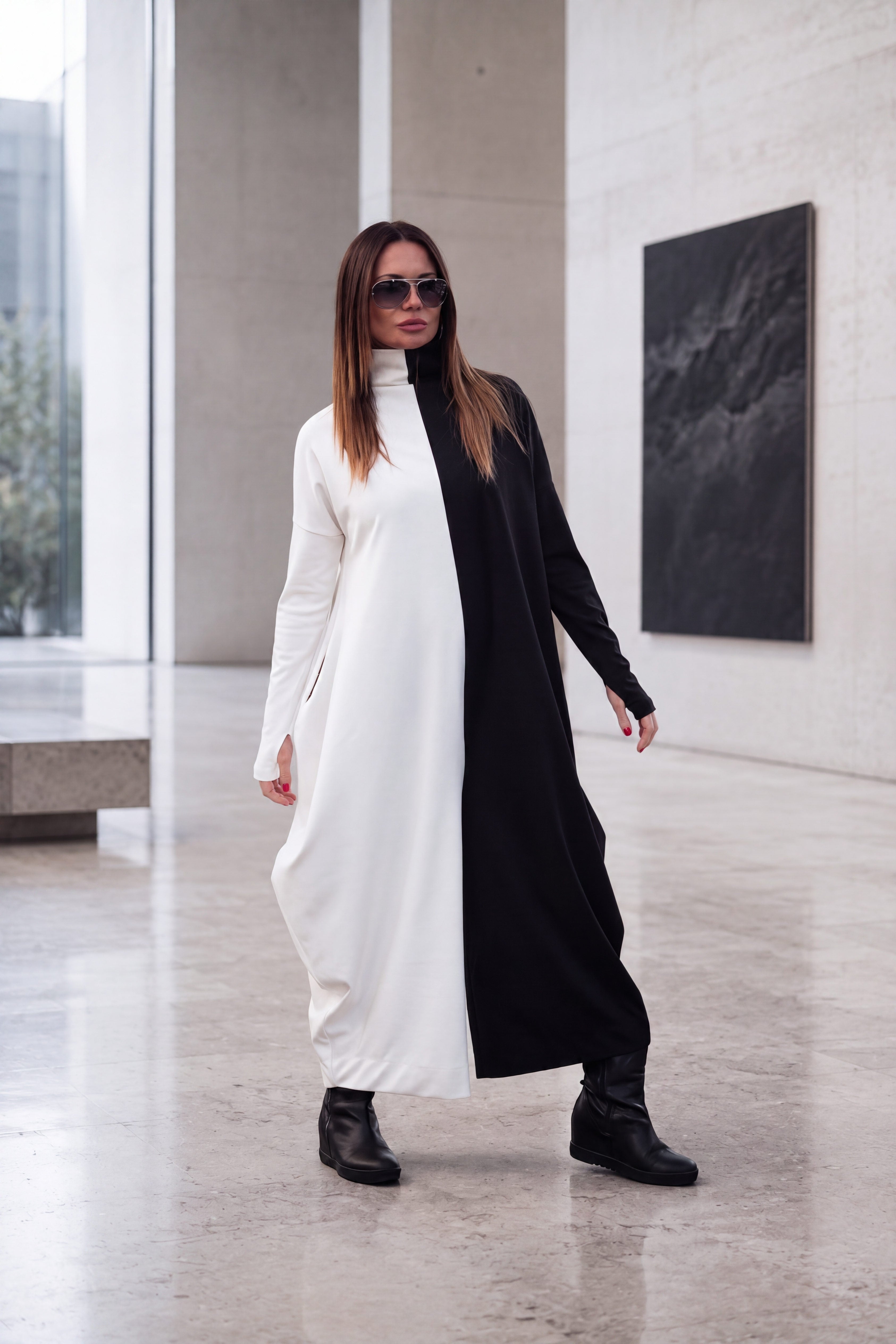 Black and white wide cotton winter jumpsuit - EUG fashion #black-white