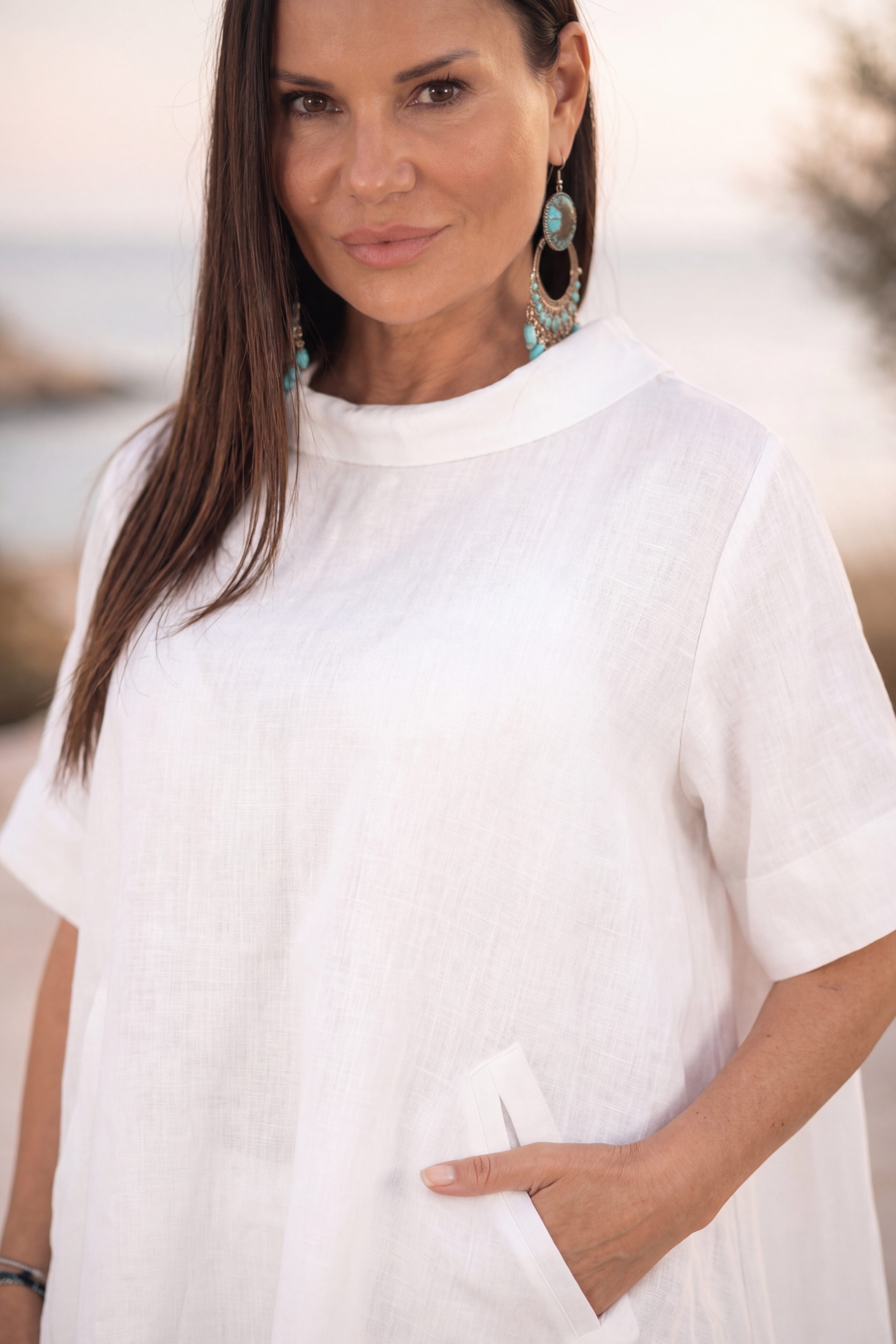 Woman in a white linen  outfit #white