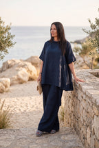 Woman in a linen  outfit #dark-blue
