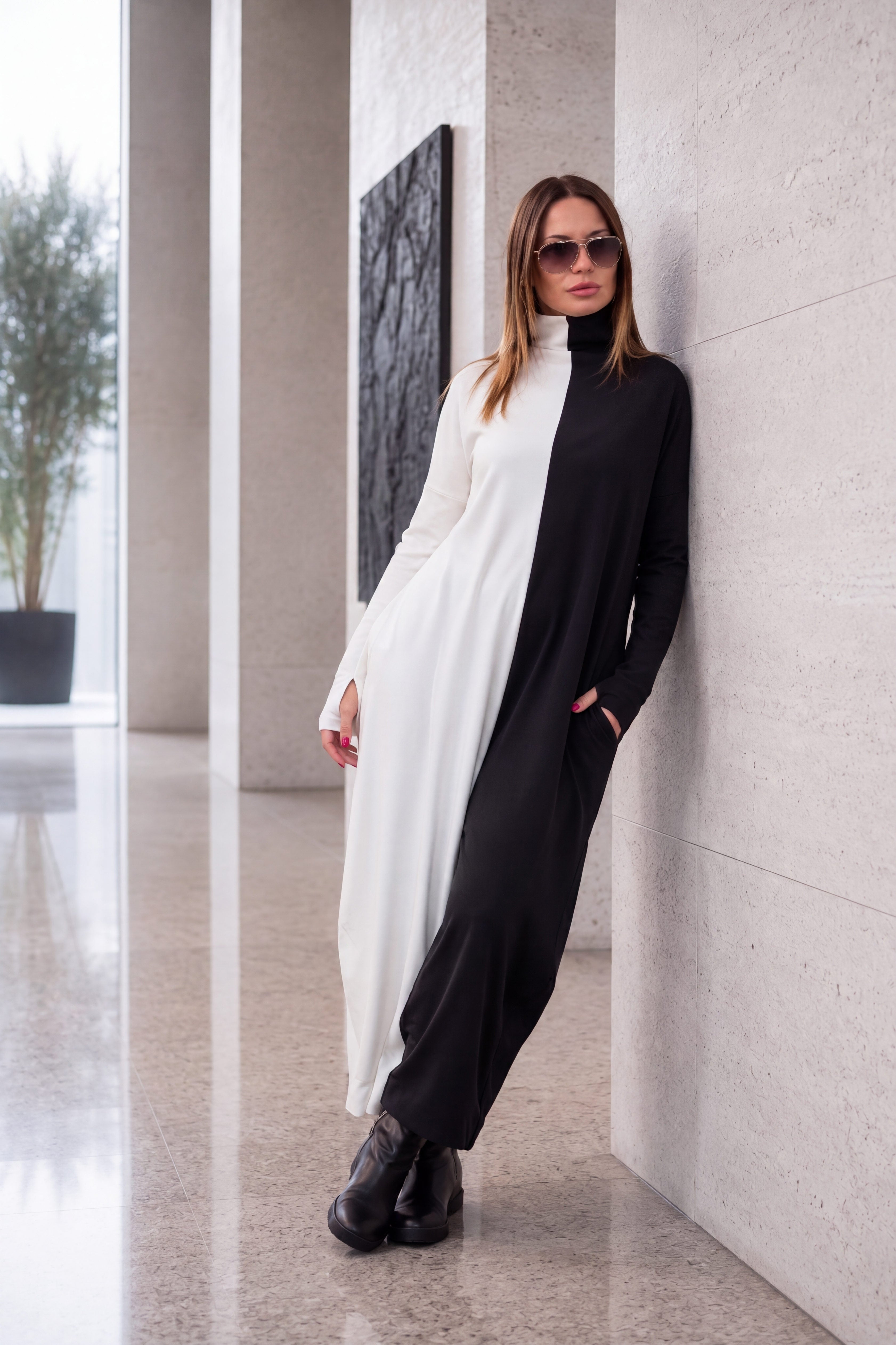 Black and white wide cotton winter jumpsuit - EUG fashion #black-white