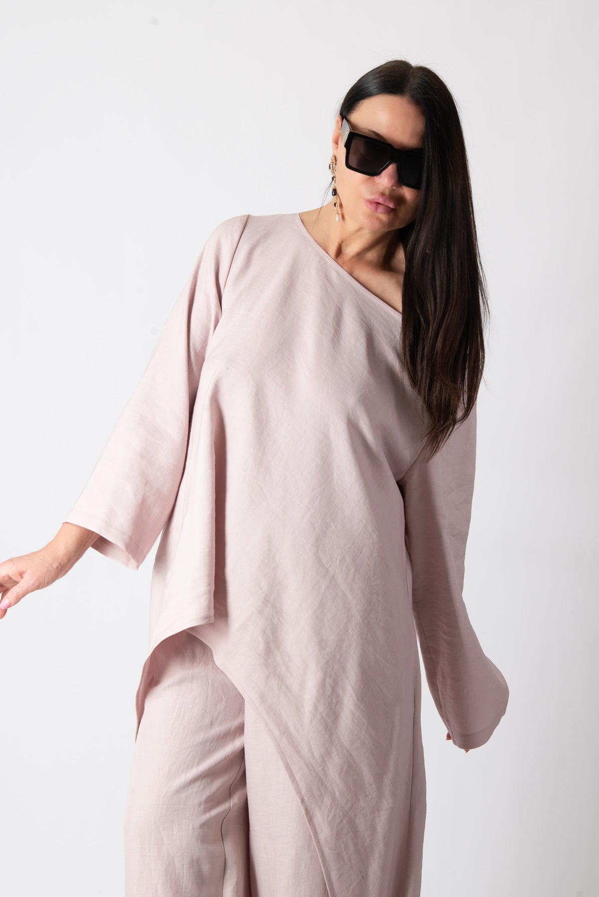 linen long sleeves top #baby-pink