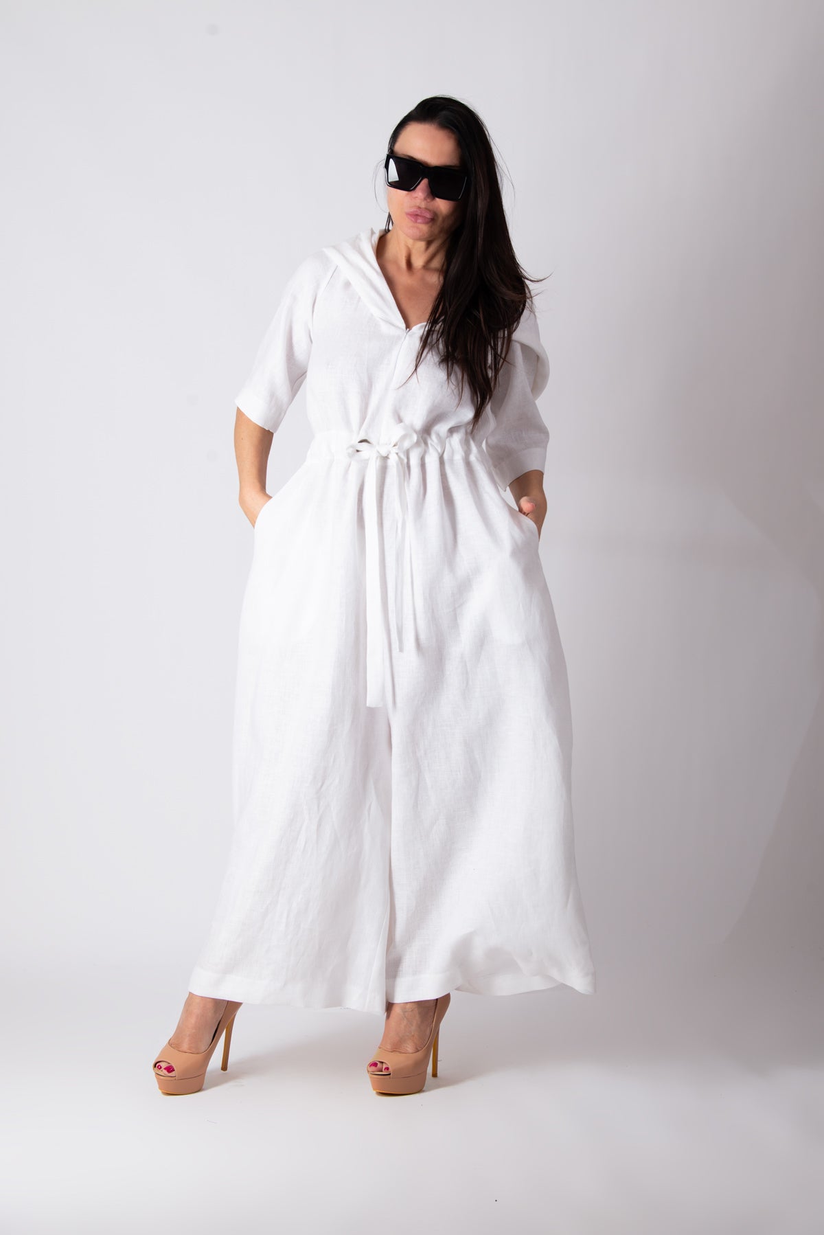 Hooded linen wide jumpsuit #white