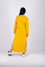 Mustard cotton terry long dress - loose silhouette, decorative raised seams, side pockets and two side slits, Gabrielle | EUG Fashion #mustard
