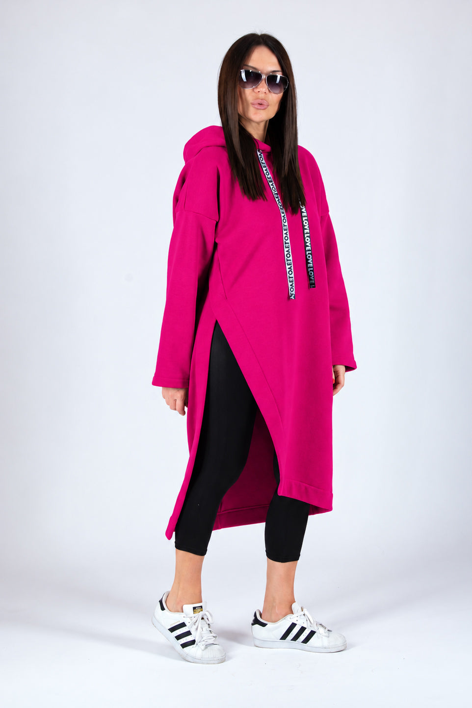 Hot Pink cotton fleece hooded dress - loose fit, wide sleeves, below-knee length, slit and back lettering, Ella | EUG Fashion #hot-pink