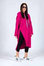 Hot Pink cotton fleece hooded dress - loose fit, wide sleeves, below-knee length, slit and back lettering, Ella | EUG Fashion #hot-pink