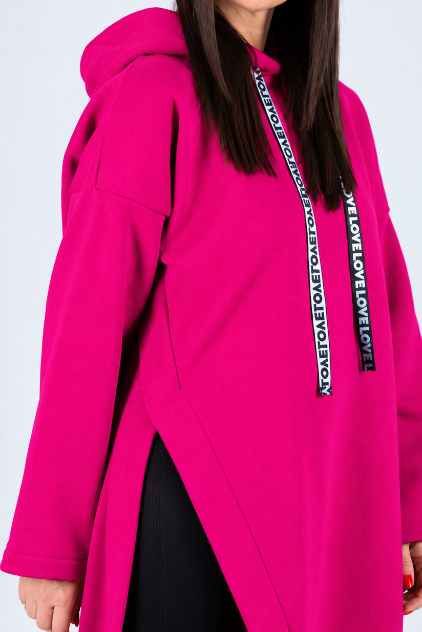 Hot Pink cotton fleece hooded dress - loose fit, wide sleeves, below-knee length, slit and back lettering, Ella | EUG Fashion #hot-pink