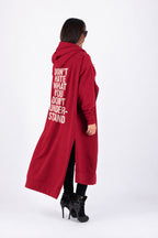 Dark Red long zip-up hooded top - mid-calf length, back print and side pockets, Trani | EUG Fashion #dark-red