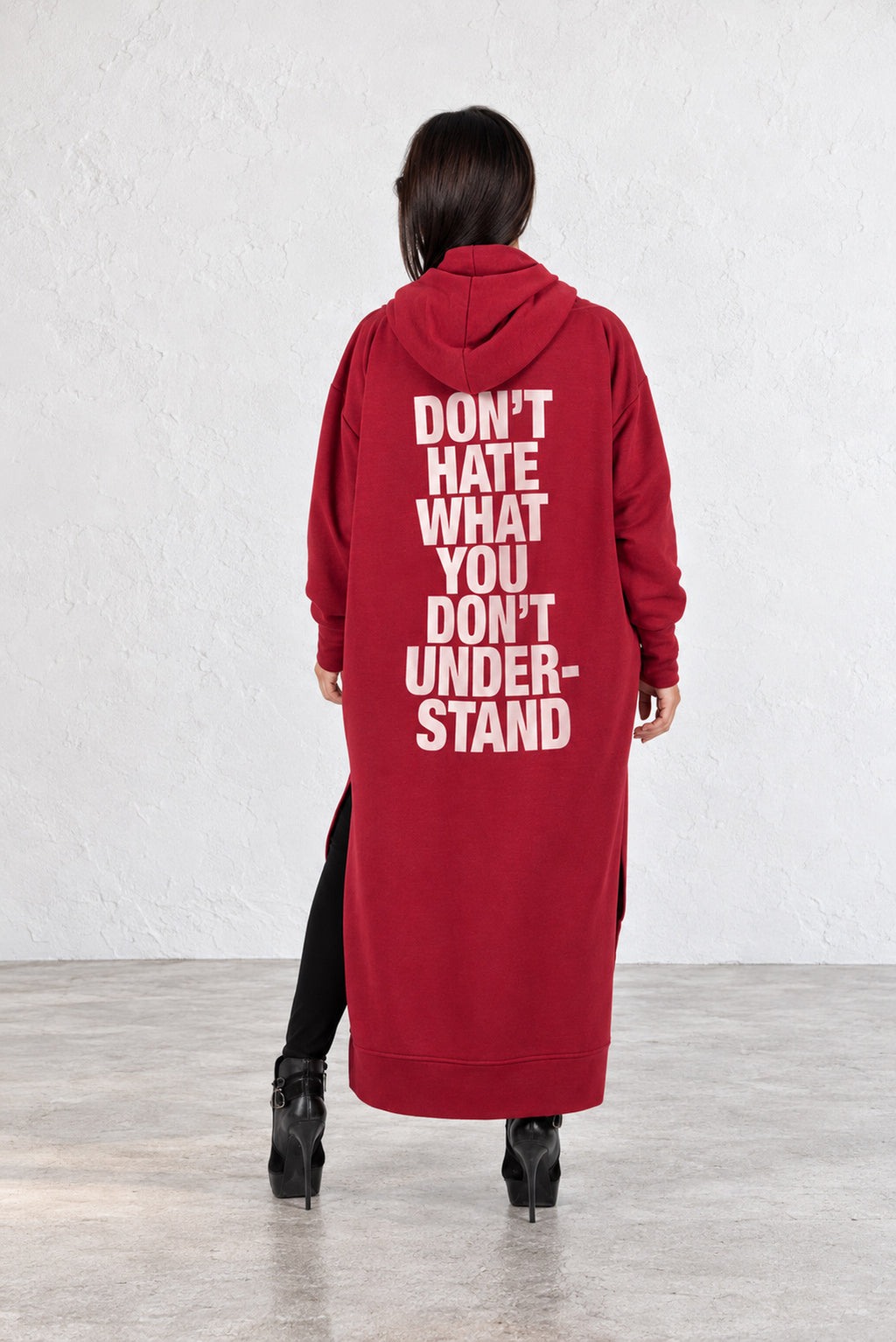 Dark Red long zip-up hooded top - mid-calf length, back print and side pockets, Trani | EUG Fashion #dark-red