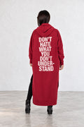 Dark Red long zip-up hooded top - mid-calf length, back print and side pockets, Trani | EUG Fashion #dark-red