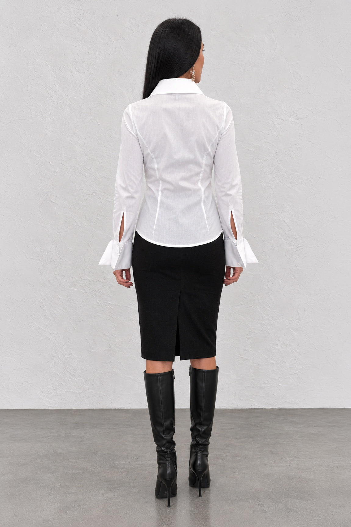 White cotton shirt - oversized collar, extra-large designer cuffs, fitted silhouette, Belinda | EUG Fashion #white

