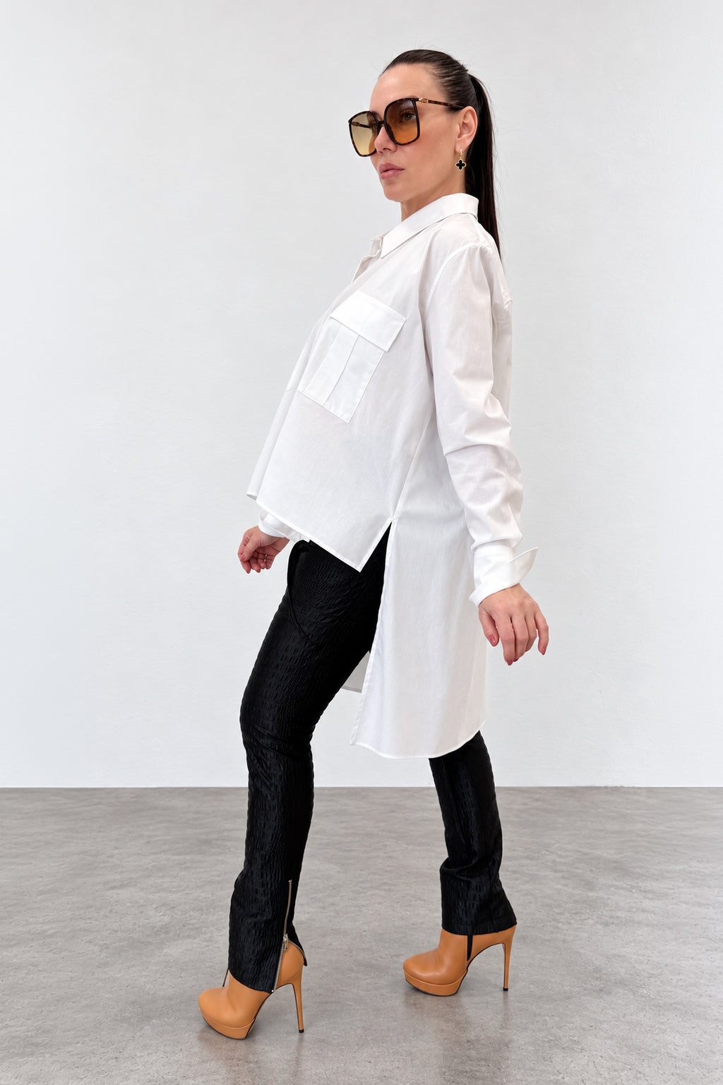 White asymmetric cotton shirt - large front pockets, high-low hem, long sleeves with buttoned cuffs, Anel | EUG Fashion #white