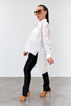 White asymmetric cotton shirt - large front pockets, high-low hem, long sleeves with buttoned cuffs, Anel | EUG Fashion #white