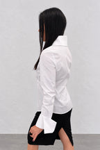White cotton shirt - oversized collar, extra-large designer cuffs, fitted silhouette, Belinda | EUG Fashion #white

