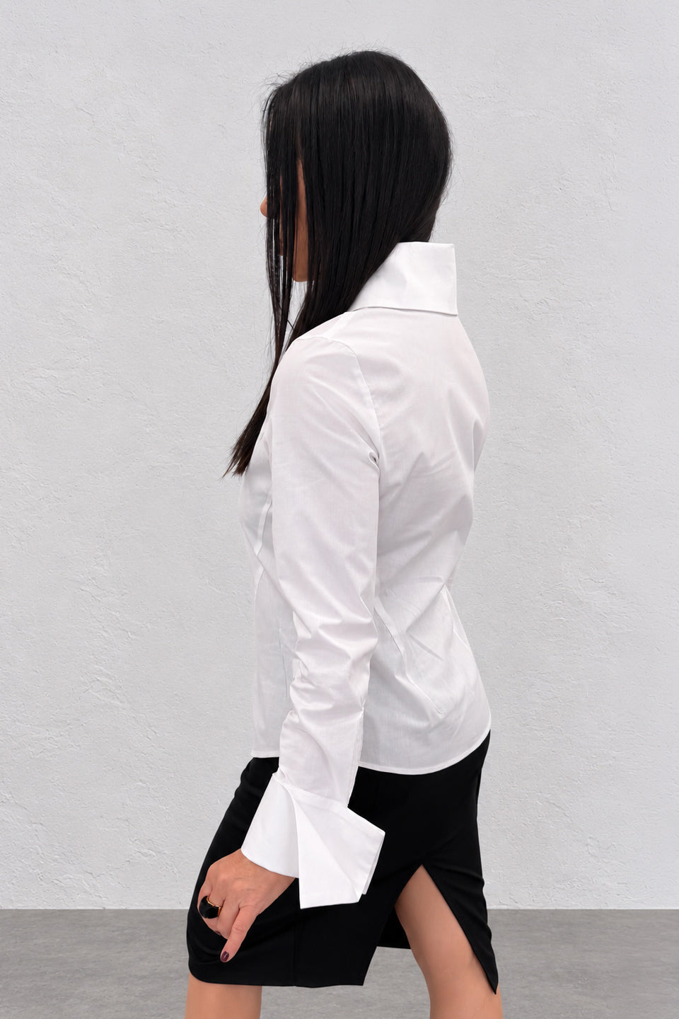 White cotton shirt - oversized collar, extra-large designer cuffs, fitted silhouette, Belinda | EUG Fashion #white

