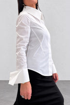 White cotton shirt - oversized collar, extra-large designer cuffs, fitted silhouette, Belinda | EUG Fashion #white

