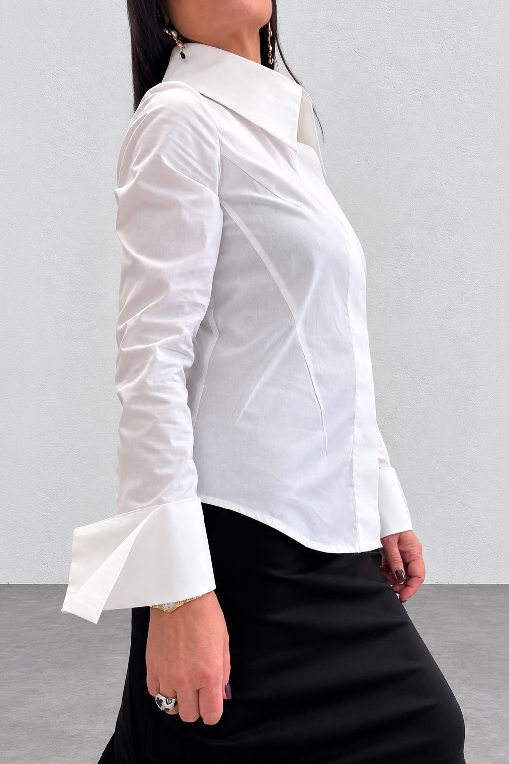 White cotton shirt - oversized collar, extra-large designer cuffs, fitted silhouette, Belinda | EUG Fashion #white

