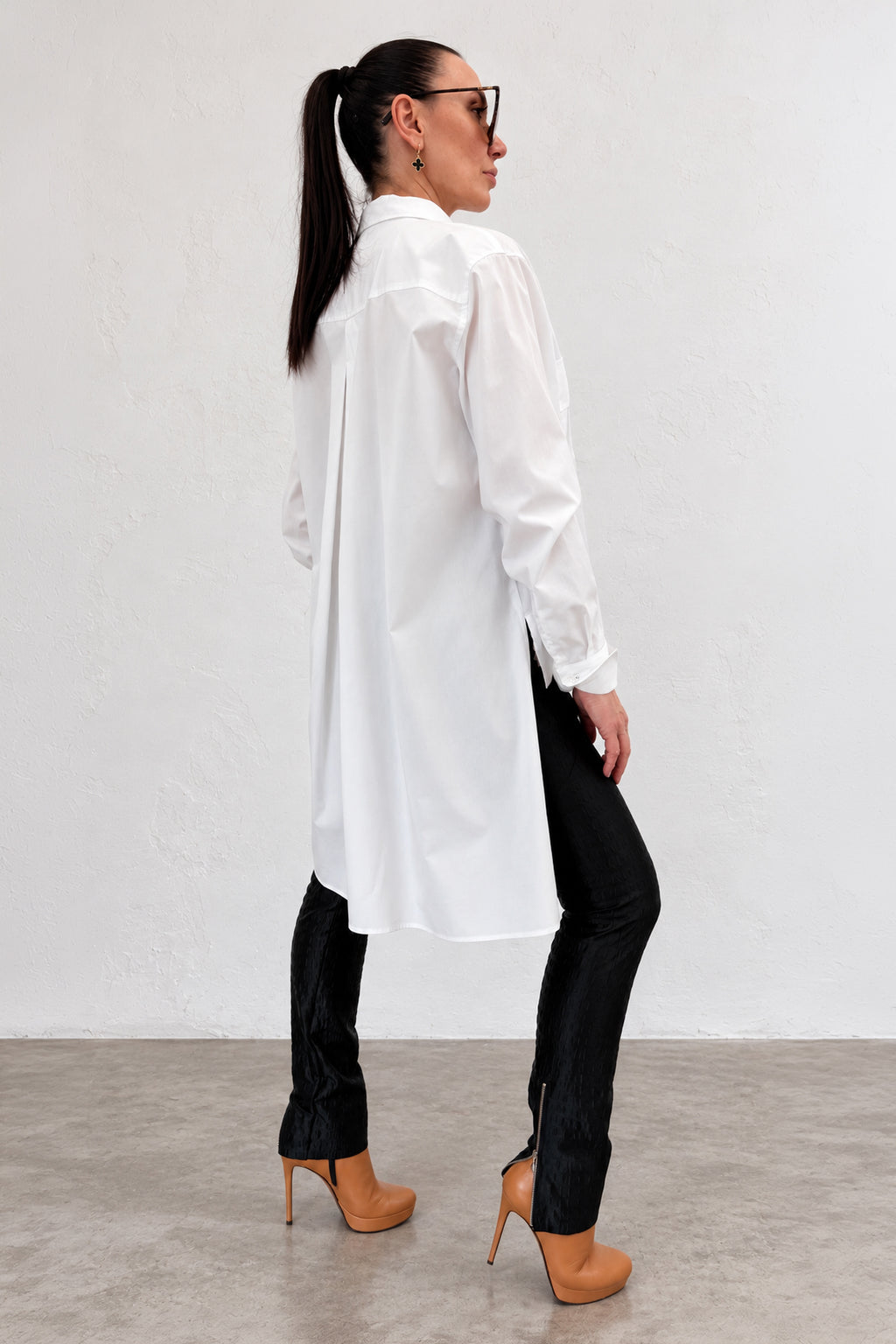 White asymmetric cotton shirt - large front pockets, high-low hem, long sleeves with buttoned cuffs, Anel | EUG Fashion #white