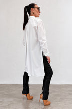 White asymmetric cotton shirt - large front pockets, high-low hem, long sleeves with buttoned cuffs, Anel | EUG Fashion #white