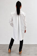 White asymmetric cotton shirt - large front pockets, high-low hem, long sleeves with buttoned cuffs, Anel | EUG Fashion #white