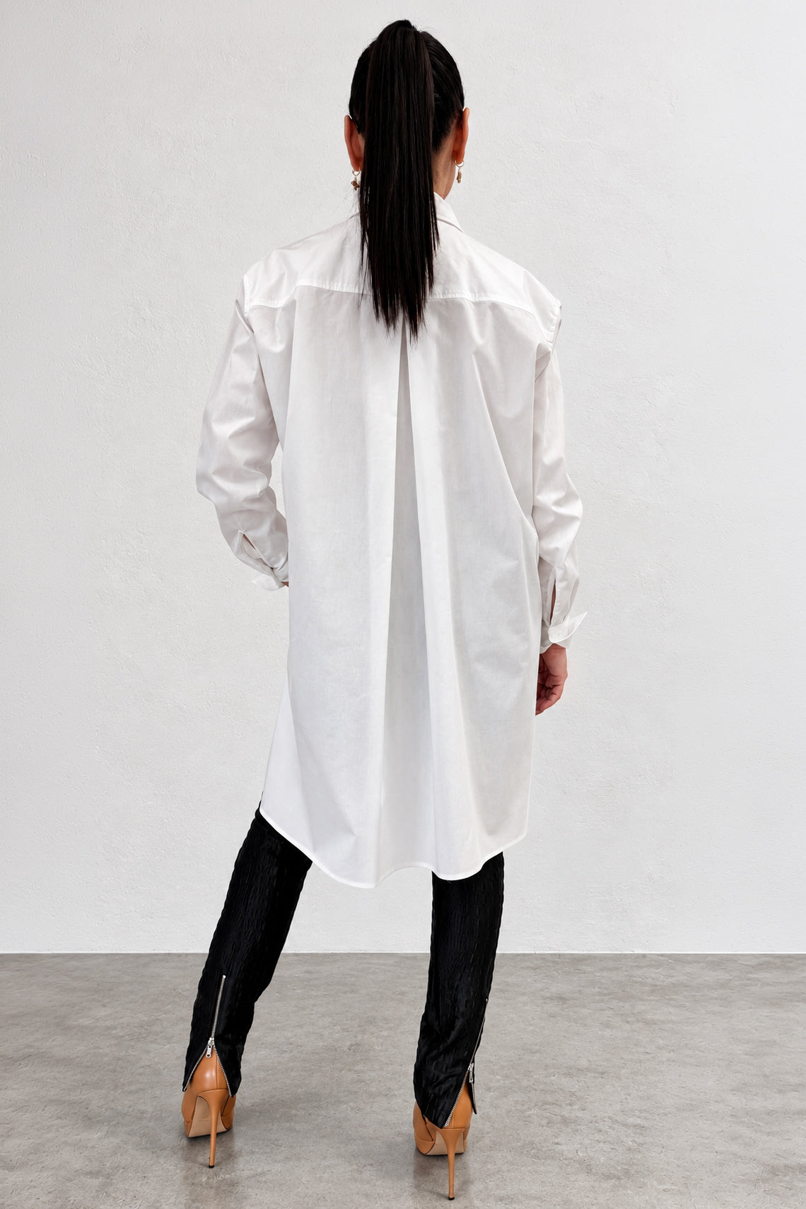 White asymmetric cotton shirt - large front pockets, high-low hem, long sleeves with buttoned cuffs, Anel | EUG Fashion #white