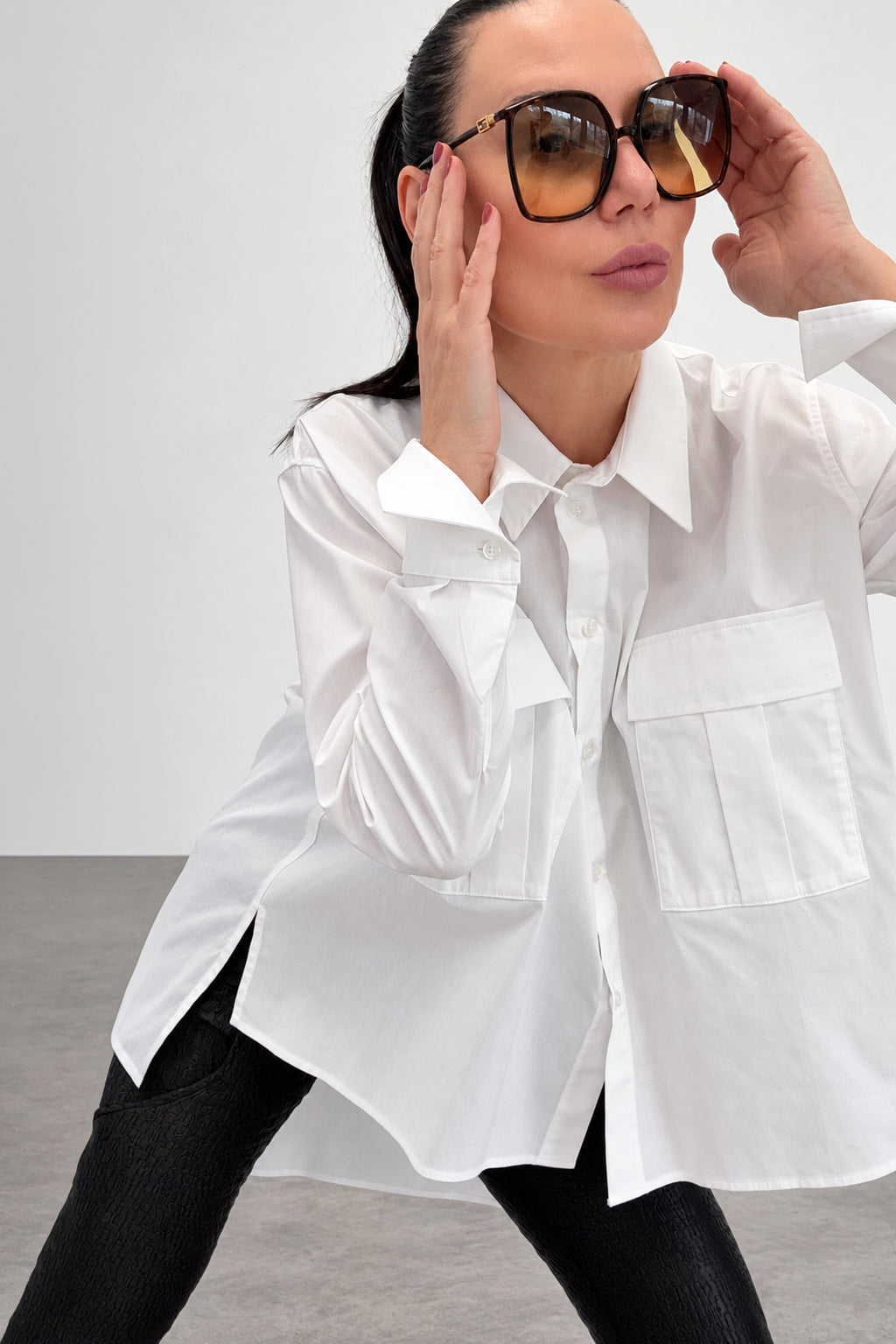 White asymmetric cotton shirt - large front pockets, high-low hem, long sleeves with buttoned cuffs, Anel | EUG Fashion #white