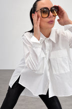 White asymmetric cotton shirt - large front pockets, high-low hem, long sleeves with buttoned cuffs, Anel | EUG Fashion #white