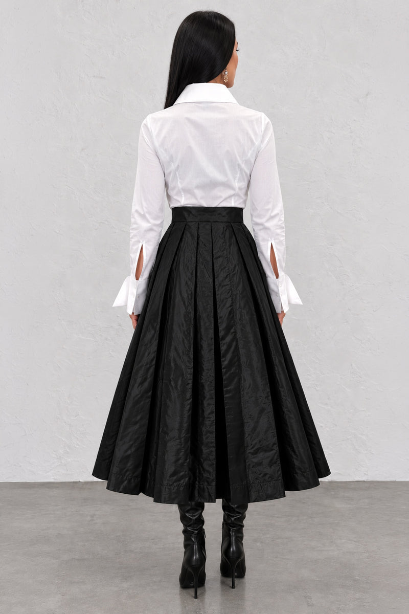 Black taffeta skirt - ankle-length pleats, statement waistband brooches, mid-rise waist, Alena | EUG Fashion #black