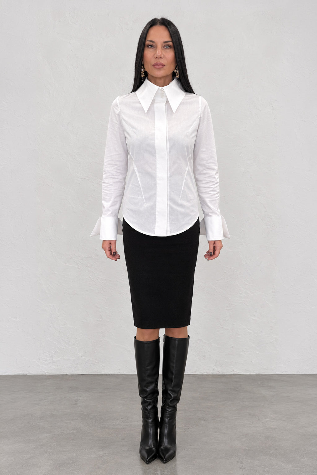 White cotton shirt - oversized collar, extra-large designer cuffs, fitted silhouette, Belinda | EUG Fashion #white

